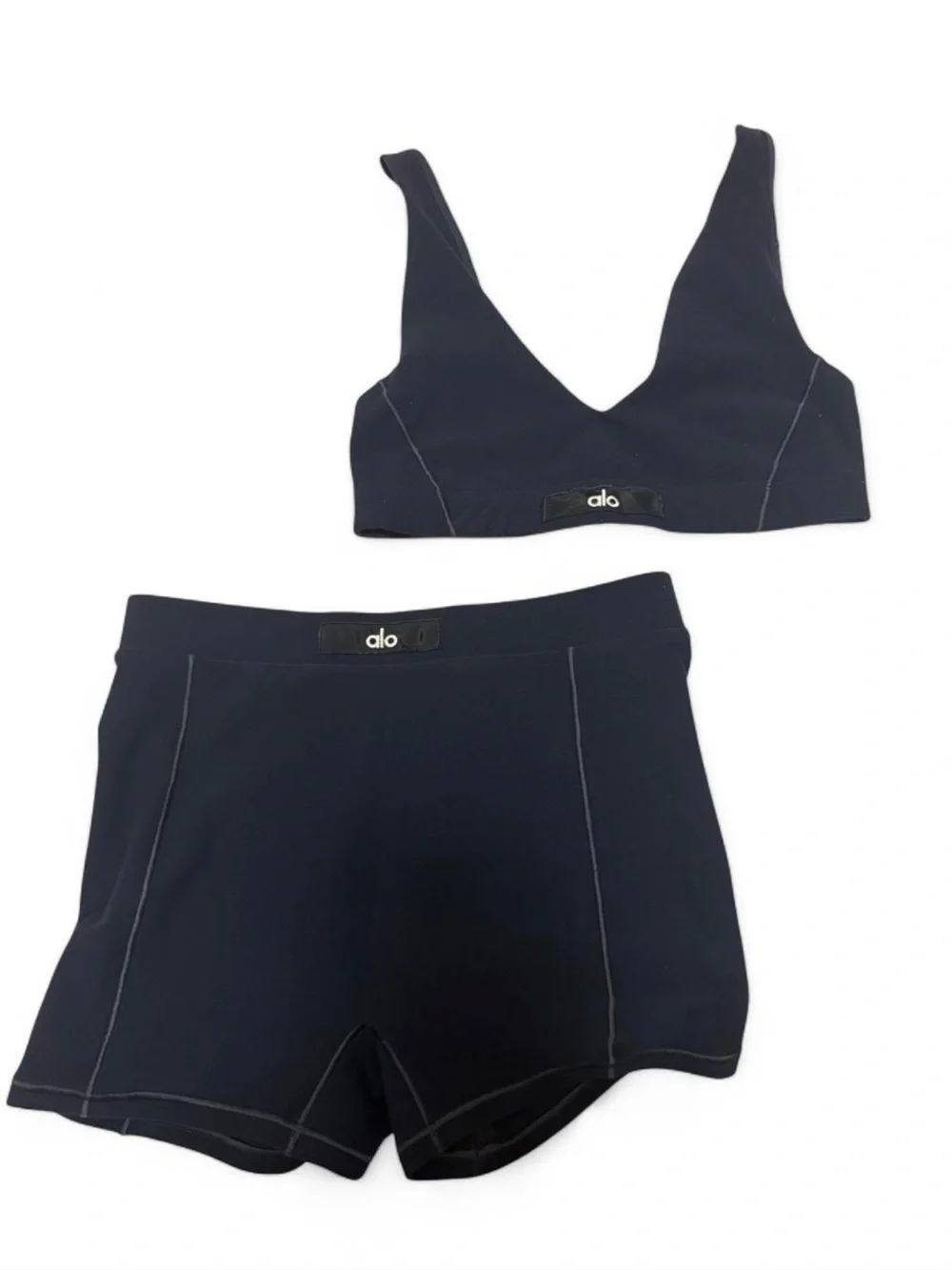 ALO Yoga Navy Seamless V-Bralette and High-Waist Lounge Shorts Set